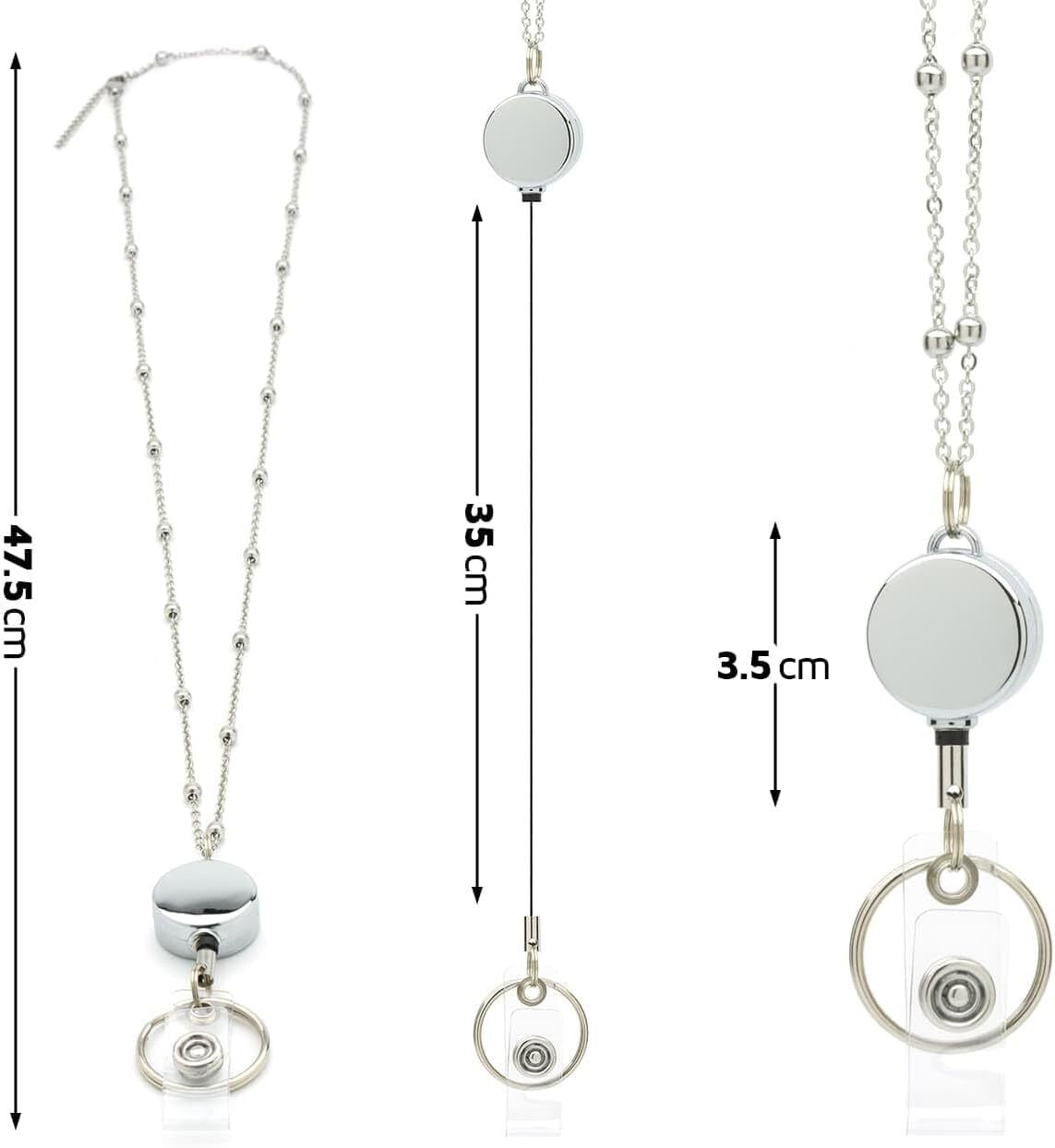 Lanyard ID Card Holder Necklace Silver Chain Strap Metal Retractable Badge Reel