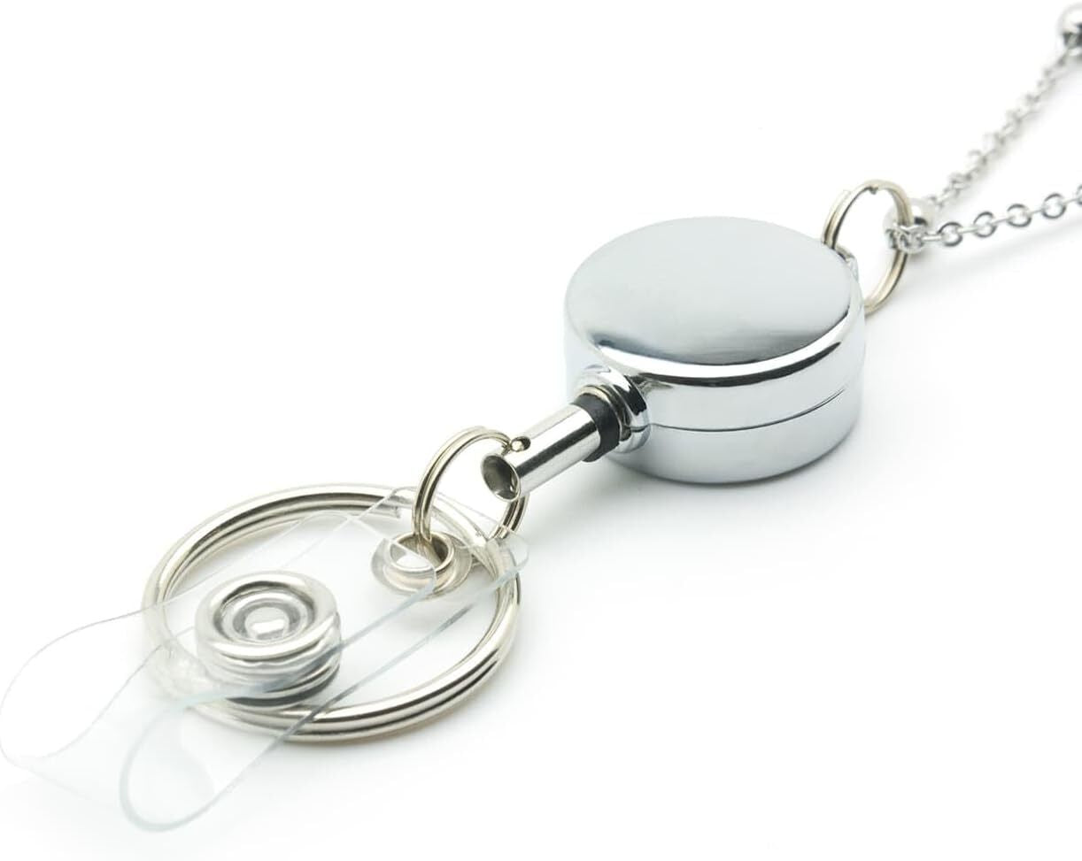 Lanyard ID Card Holder Necklace Silver Chain Strap Metal Retractable Badge Reel