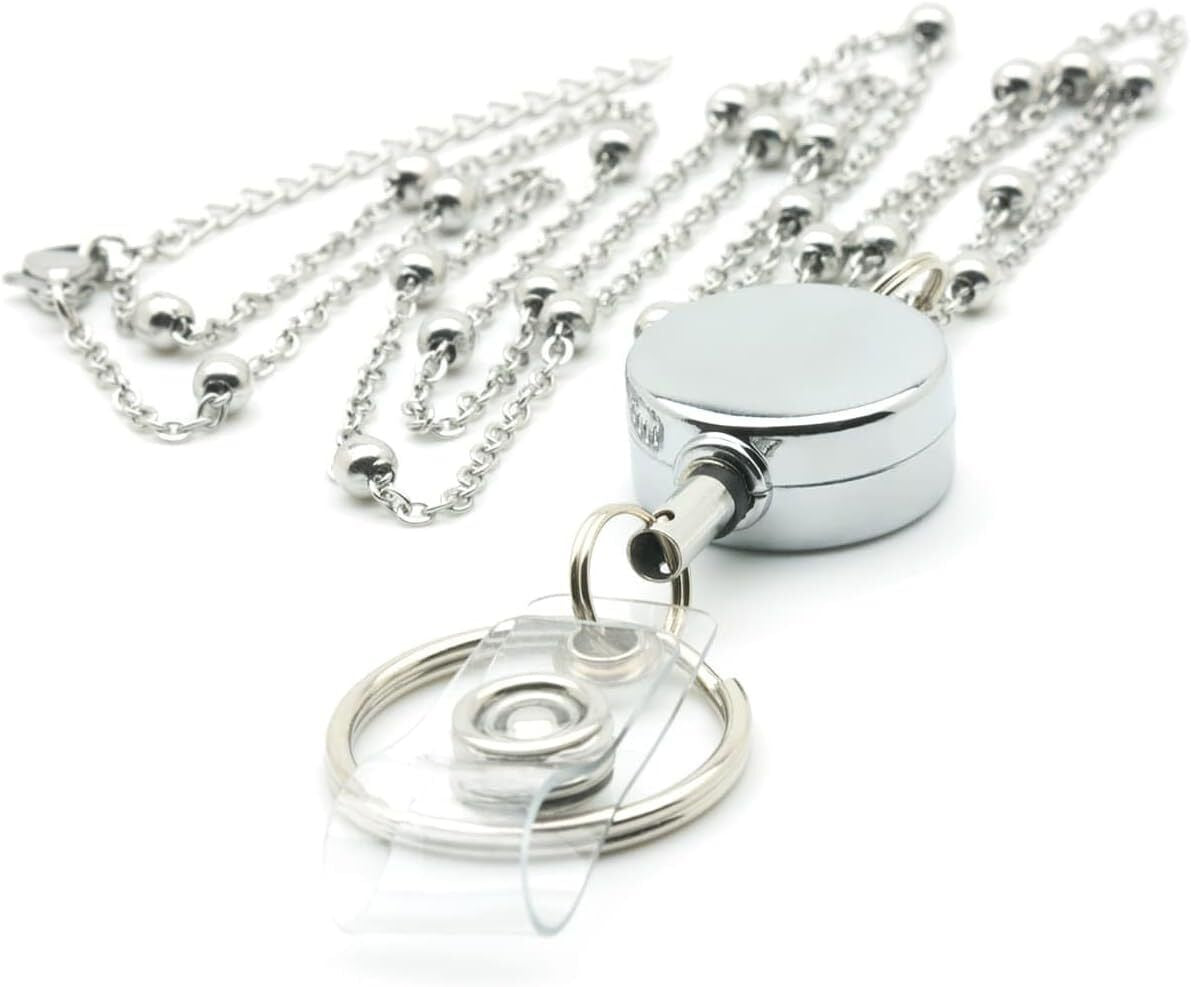 Lanyard ID Card Holder Necklace Silver Chain Strap Metal Retractable Badge Reel