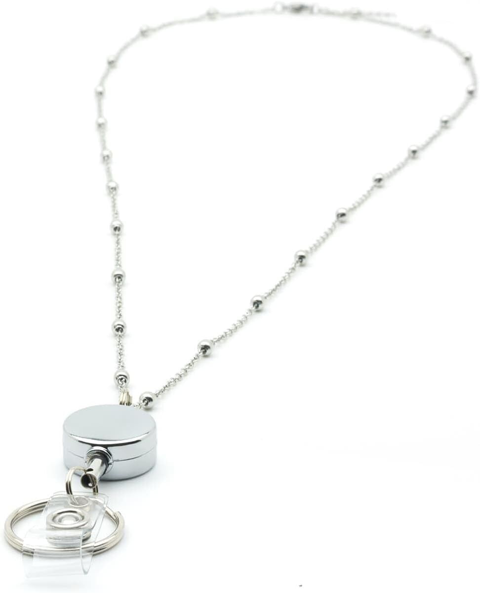 Lanyard ID Card Holder Necklace Silver Chain Strap Metal Retractable Badge Reel
